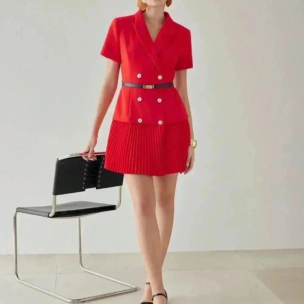Red Elegant Women's Peak Collar Pleated Hem Double Breasted Placket Mini Dress - Picture 4 of 7